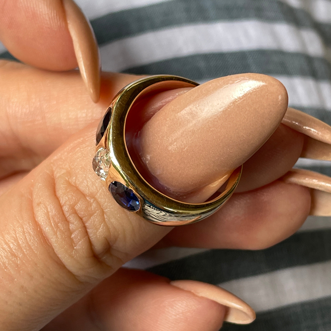 Antique yellow 14K approx .3 ctw old mine pear cut diamond and 1 ctw sapphire 3 stone ring, size 6.7-gallery-56049335796027