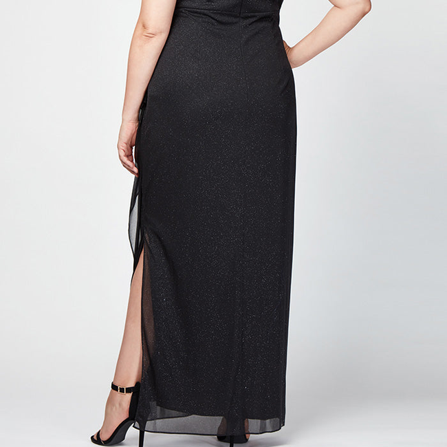 Cold Shoulder Glitter Mesh Dress with Draped Skirt & Cowl Neckline-gallery-42505924149504