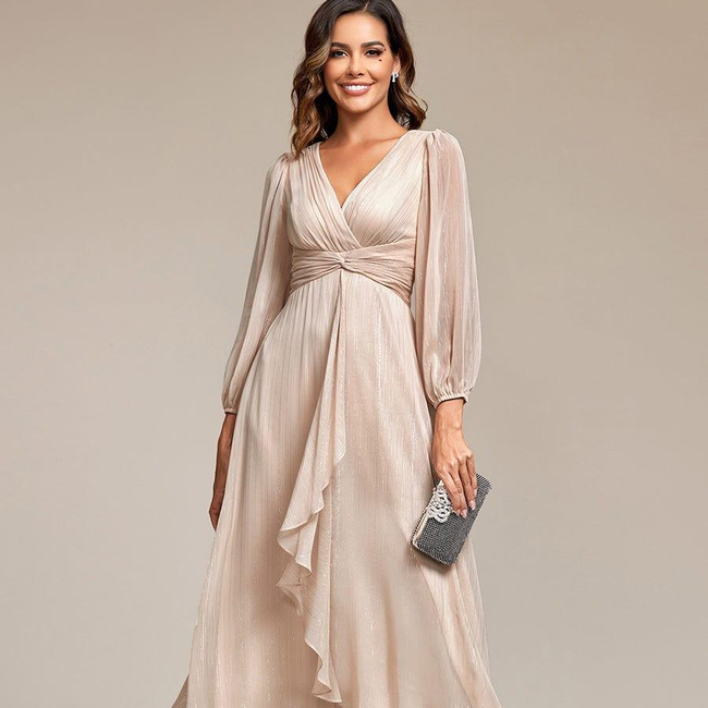 ever EMBER|See-Through Long Sleeve Twist Knot A-Line Lotus Leaf Shimmering Evening Dress-gallery-31381712994378