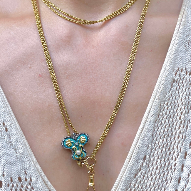 Antique Art Nouveau longguard chain with 21K/22K gold chain, 14K gold blue enamel butterfly slider w-gallery-56085002780987