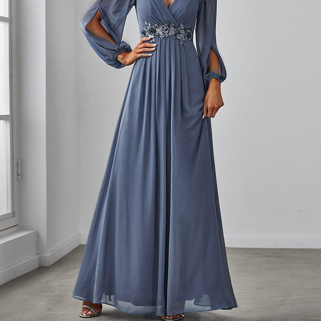 ever AMOUR|Elegant Chiffon V-Neckline Long Sleeve Formal Evening Dress-gallery-31927921737802