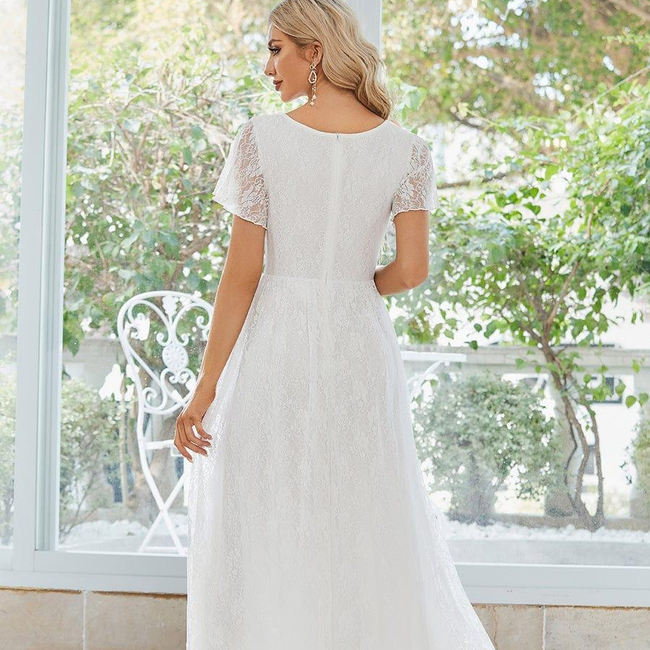 ever ELISE|Pleated V-Neck Short Sleeve Ruffled Lace Wedding Guest Dress-gallery-30012378873930