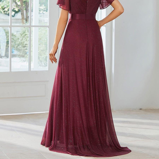 ever LIORÉ|Sparkling Short Sleeve V-Neck Ribbon Waist A-Line Evening Dress-gallery-29887302336586