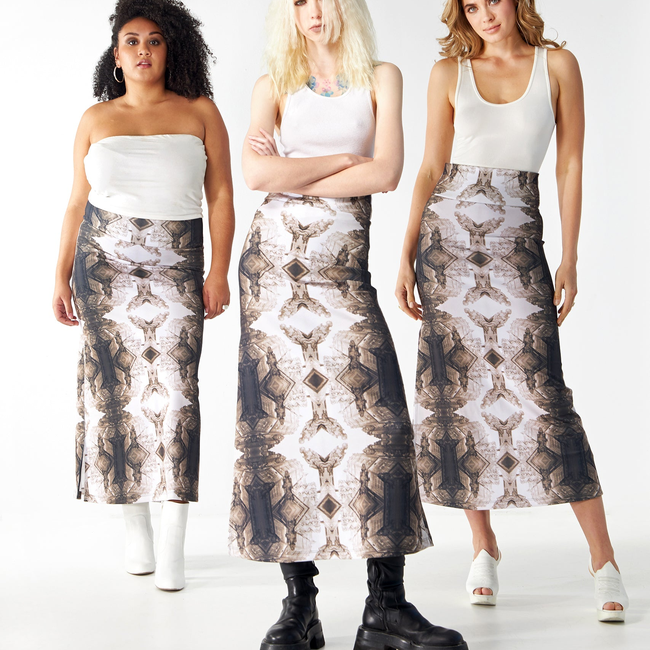 Babs Body-hugging Midi Skirt - Sepia Gargoyles Print Design-gallery-40066443051304