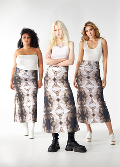 Babs Body-hugging Midi Skirt - Sepia Gargoyles Print Design