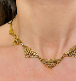 Antique yellow 18K French ornate scrolled link collar necklace, 15.5 inch