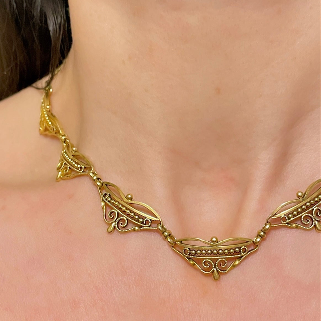 Antique yellow 18K French ornate scrolled link collar necklace, 15.5 inch-gallery-54374954500411