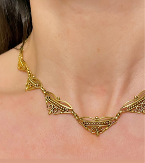 Antique yellow 18K French ornate scrolled link collar necklace, 15.5 inch