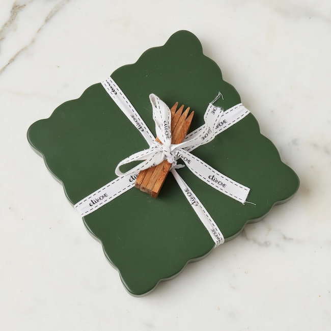 Square Scalloped Cheese Board with Cheese Markers, Small, Spruce Green-gallery-48009890136257