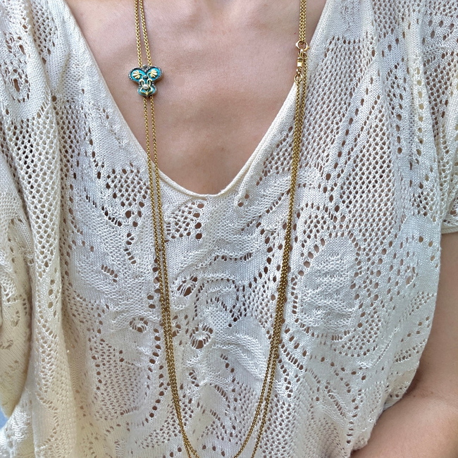 Antique Art Nouveau longguard chain with 21K/22K gold chain, 14K gold blue enamel butterfly slider w-gallery-56085002944827