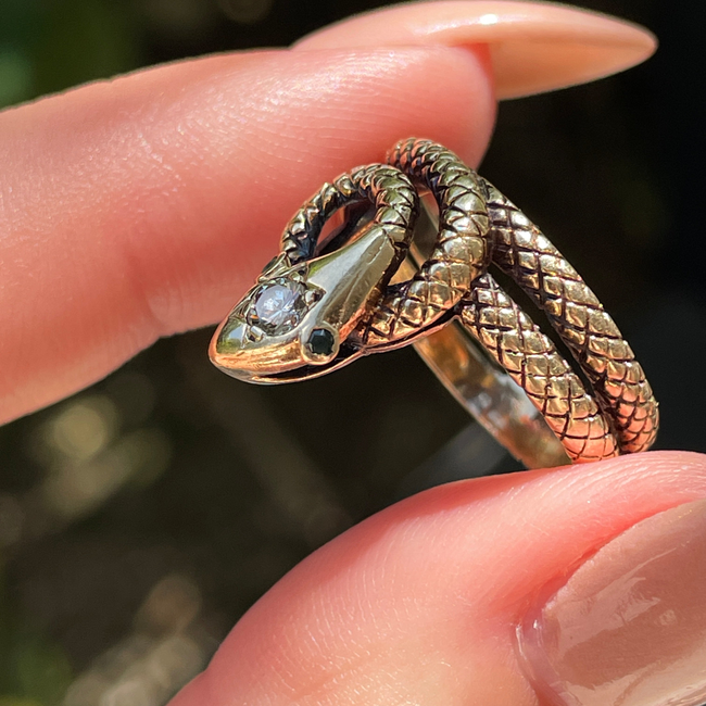 Vintage yellow 14K textured snake ring with .1 ctw diamond and emerald eyes, size 6-gallery-56085128905019