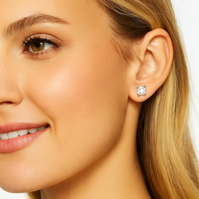 Half Carat Princess Cut Cubic Zirconia Stud Earrings-gallery-31586989441082