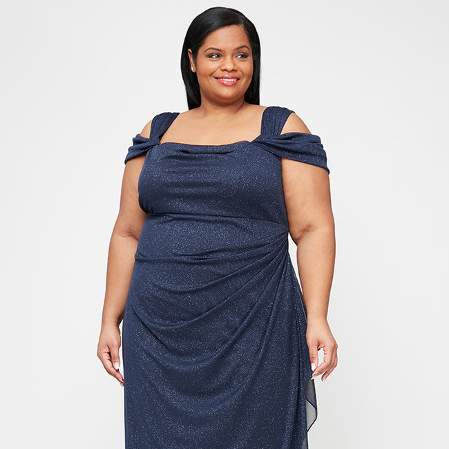 Cold Shoulder Glitter Mesh Dress with Draped Skirt & Cowl Neckline-gallery-42505924116736