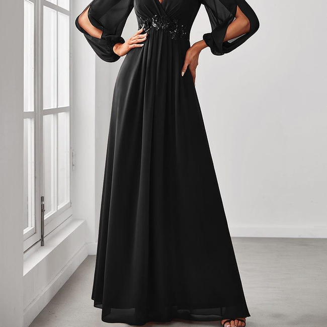 ever AMOUR|Elegant Chiffon V-Neckline Long Sleeve Formal Evening Dress-gallery-30199437295690