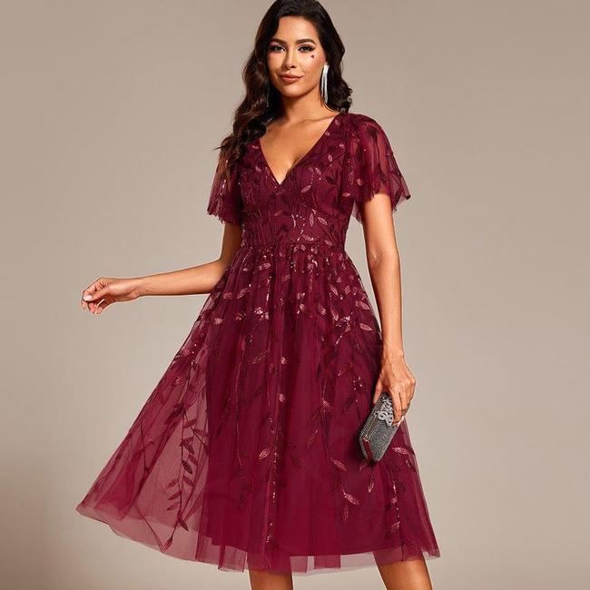 ever SIMONE|Short Sleeves Leaf Sequin A-Line Midi Formal Wedding Guest Dress-gallery-31760598958154