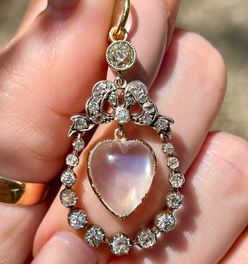 Incredible Antique 18K and 14K approx 1.22 ctw diamond and heart shaped moonstone bow pendant