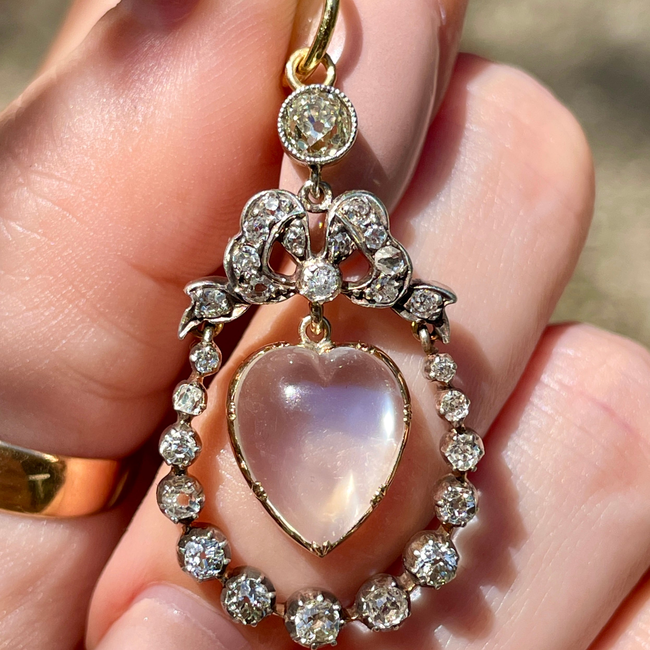Incredible Antique 18K and 14K approx 1.22 ctw diamond and heart shaped moonstone bow pendant-gallery-54345330688315