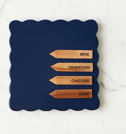 Square Scalloped Cheese Board with Cheese Markers, Small, Navy Blue