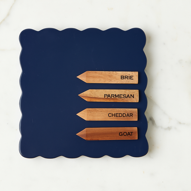 Square Scalloped Cheese Board with Cheese Markers, Small, Navy Blue-gallery-48980784185537