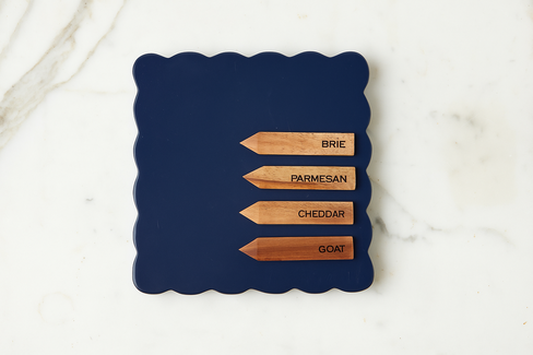 Square Scalloped Cheese Board with Cheese Markers, Small, Navy Blue