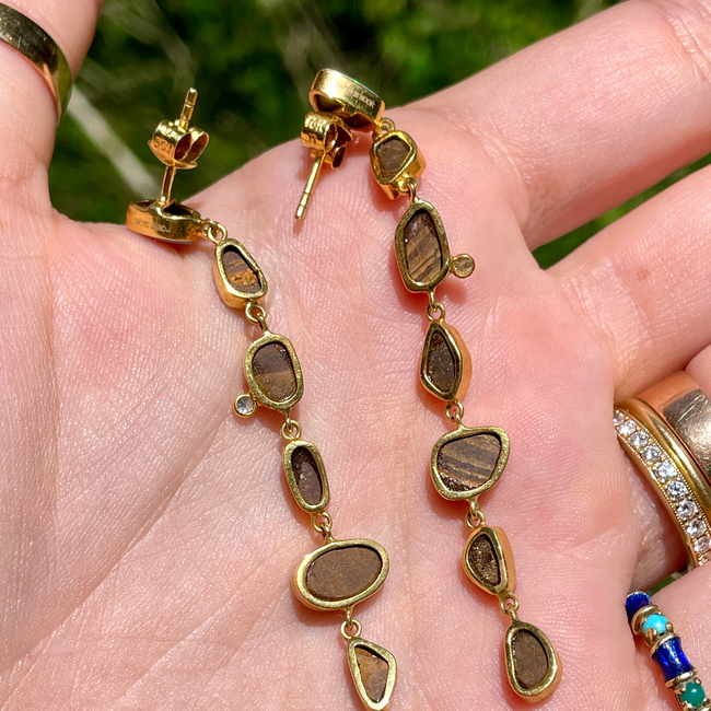 Vintage yellow 18K bezel set long opal drop post earrings with approx .1 ctw diamonds-gallery-54291858522427