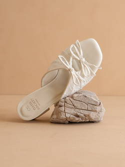 The Emerald | White Double Bow Peep Hole Block Heel