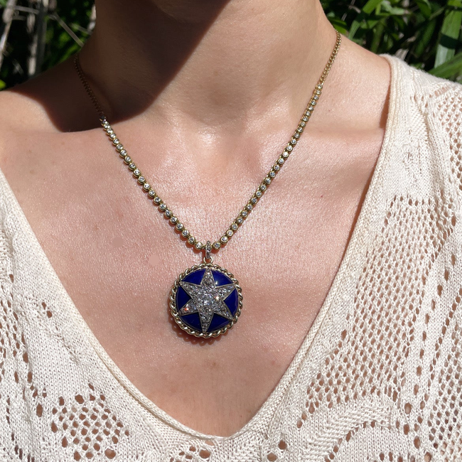 Antique yellow 14K approx over 4 ctw old mine cut and rose cut diamond blue enamel star statement pe-gallery-56086947987771