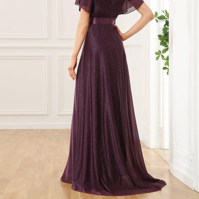 ever LIORÉ|Sparkling Short Sleeve V-Neck Ribbon Waist A-Line Evening Dress-gallery-29993954541642