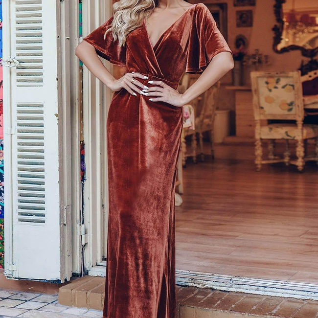 ever REINE|Elegant Double V Neck Velvet Evening Dress with Sleeves-gallery-29378735374410