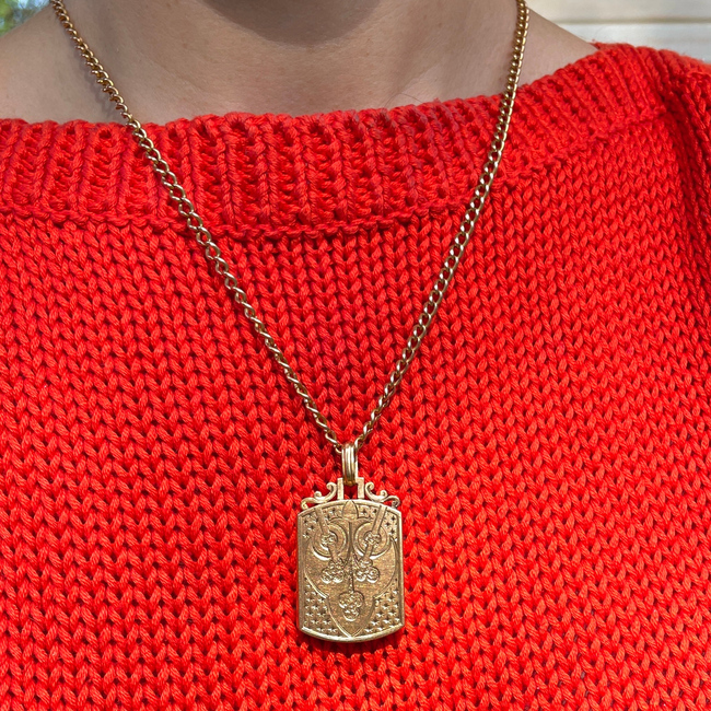 Antique warm yellow 18K engraved celestial shield locket pendant-gallery-55385685918011