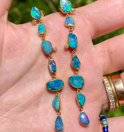 Vintage yellow 18K bezel set long opal drop post earrings with approx .1 ctw diamonds