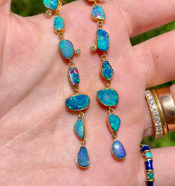 Vintage yellow 18K bezel set long opal drop post earrings with approx .1 ctw diamonds