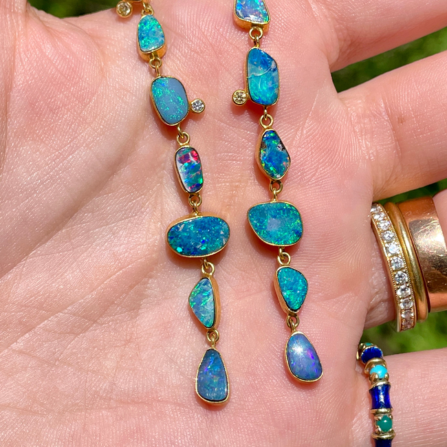 Vintage yellow 18K bezel set long opal drop post earrings with approx .1 ctw diamonds-gallery-54291858489659