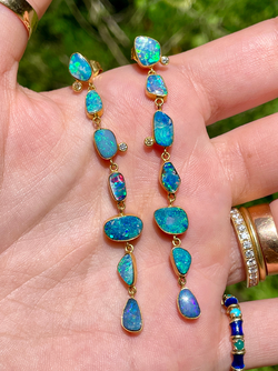 Vintage yellow 18K bezel set long opal drop post earrings with approx .1 ctw diamonds