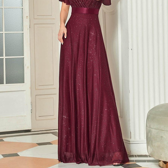 ever LIORÉ|Sparkling Short Sleeve V-Neck Ribbon Waist A-Line Evening Dress-gallery-32648732213322