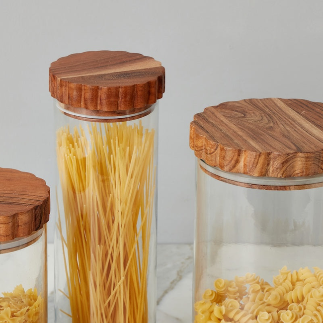 Glass Canister, Scalloped Wood Top, Set of 3-gallery-48035479126209