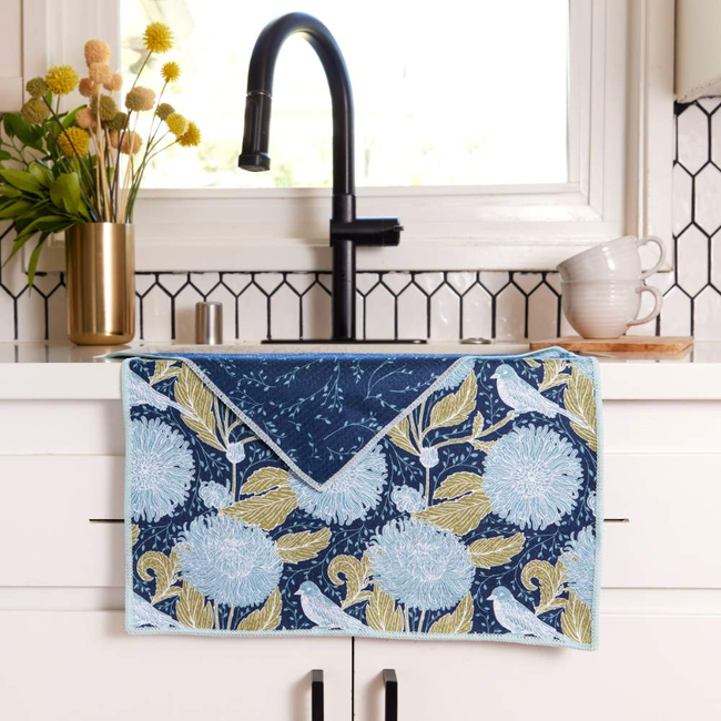 FP OUTLET Chrysanthemum Bird blu Kitchen Tea Towel- Double-Sided Print-gallery-32302255702103