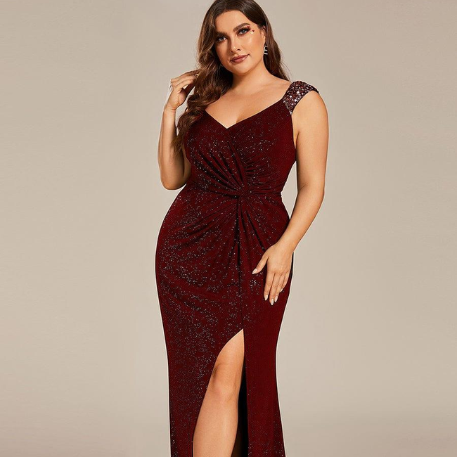 ever NOIRE|Glitter V-Neck High Slit Sequin Shoulder Strap Evening Dress-gallery-32647862714442