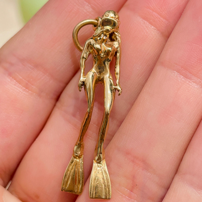 Vintage yellow 14K female scuba diver pendant-gallery-54649547260219