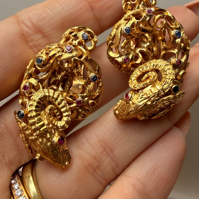 Vintage circa 1960s yellow 18K approx .6ctw sapphire and ruby ram clip statement earrings-gallery-56906658873659