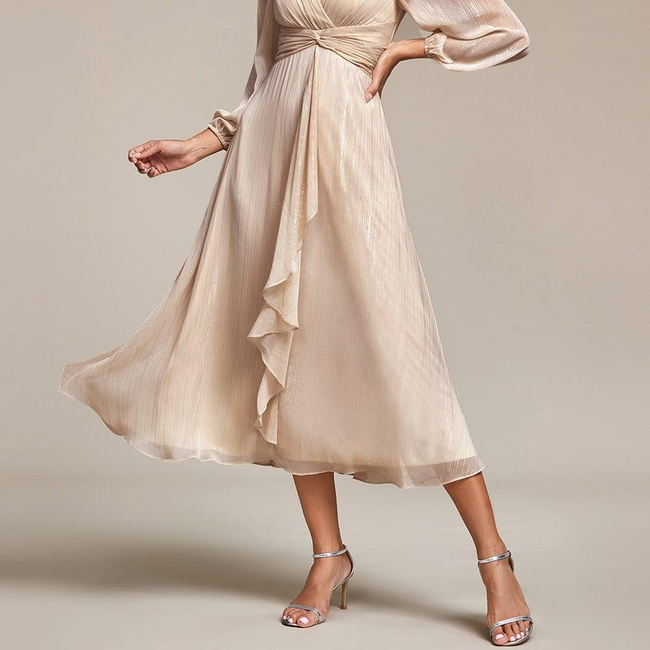 ever EMBER|See-Through Long Sleeve Twist Knot A-Line Lotus Leaf Shimmering Evening Dress-gallery-31381719810122