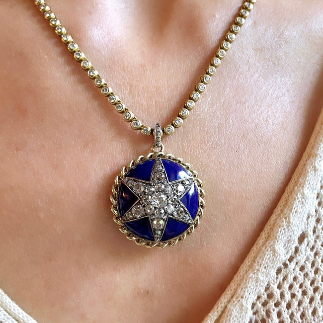 Antique yellow 14K approx over 4 ctw old mine cut and rose cut diamond blue enamel star statement pe-gallery-56086947955003