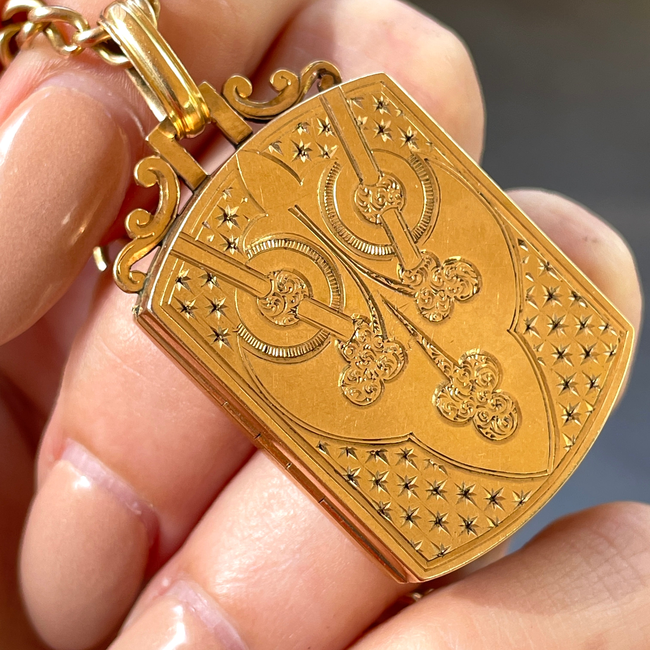 Antique warm yellow 18K engraved celestial shield locket pendant-gallery-55385685983547