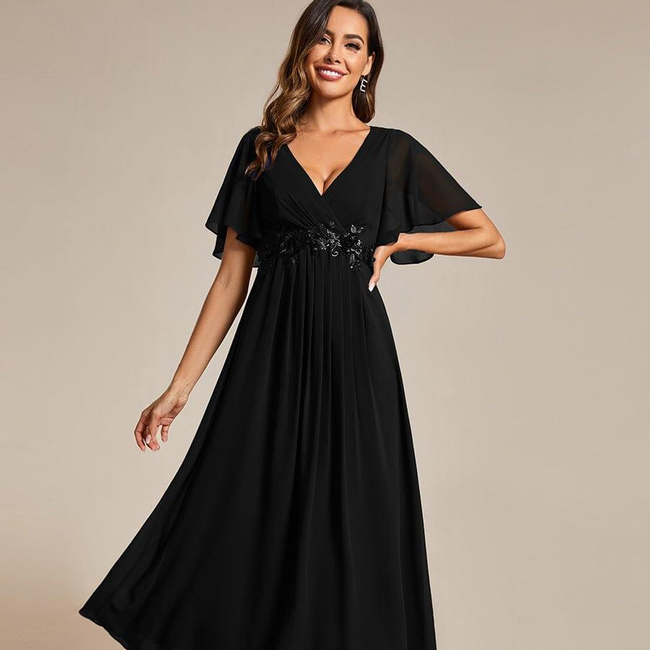 ever DAHLIA|Floral Applique Short Sleeve V-Neck Chiffon Bridesmaid Dress-gallery-32687590113354