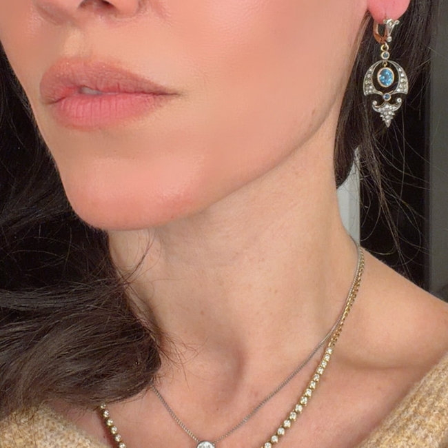 Vintage silver topped yellow 18K approx 2.4ctw natural sapphire and .3ctw diamond drop earrings with-gallery-56906682990907