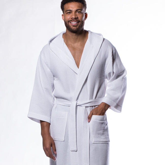 Waffle Hooded Long Robe Square Pattern White-gallery-46194664472835
