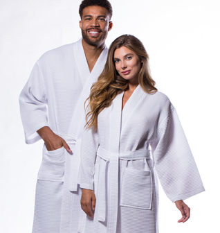 Waffle Kimono White Long Robe Square Pattern