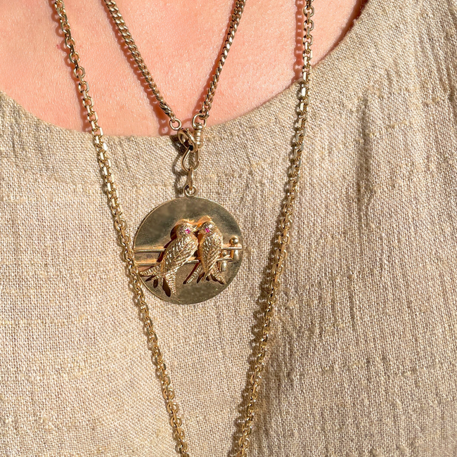 Vintage 14K gold Midcentury Tiffany & Co Lovebirds medallion with rubies-gallery-49155804725563