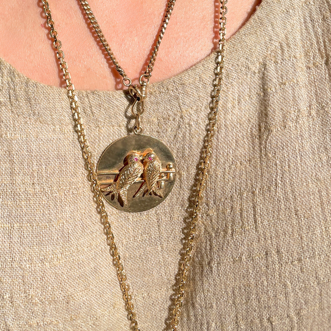 Vintage 14K gold Midcentury Tiffany & Co Lovebirds medallion with rubies-gallery-49155804725563