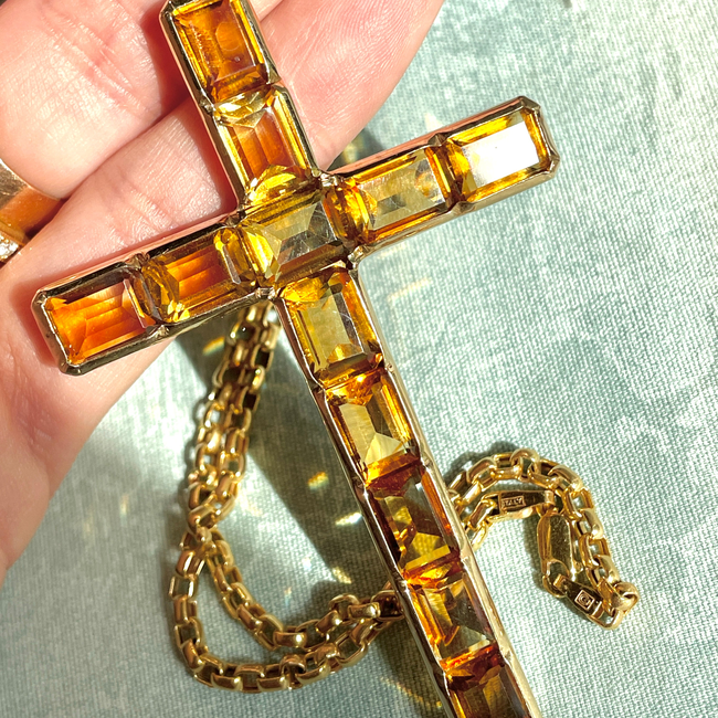 Vintage 14K citrine cross pendant and chain, 21.25 inch-gallery-52662384656699